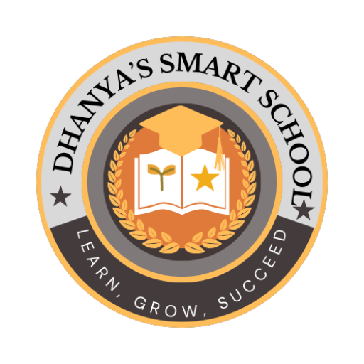 "Logo of Dhanya’s Smart School – open book, plant sprout, star and graduation cap with the motto 'Learn, Grow, Succeed'"